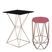 Mesa Bistrô Lucca Industrial e Banqueta Alta Liz Base Ferro Bronze Tampo Preto Suede Rose Gold - Ahazzo Móveis