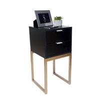 Mesa Cabeceira 30Cm Preto Eco Industrial Gavetas Pés Dourado