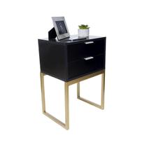 Mesa Cabeceira 40Cm Preto Eco Industrial Gavetas Pés Dourado