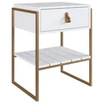 Mesa Cabeceira de James com Gaveta - Branco com Pés Dourados Mesa Cabeceira de James com Gaveta - Branco com Pés Dourados