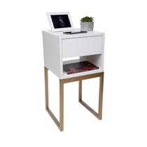 Mesa Cabeceira Estilo Industrial 30cm Branco Gaveta Superior Eco Pés Ferro Dourado Lateral Cama