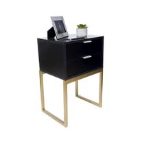 Mesa Cabeceira Estilo Industrial 40cm Preto Eco 2 Gavetas Pés Dourado Preto Lateral Cama