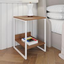 Mesa Cabeceira Industrial Lateral de Cama Amêndoa Tókio Base Ferro Branco