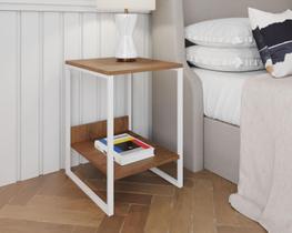 Mesa Cabeceira Industrial Tókio Base Ferro Branco Tampo Amêndoa