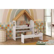 Mesa Cabeceira Infantil Casinha c/ Banco Branco/Amêndoa - Peroba Mesa Cabeceira Infantil Casinha c/ Banco Branco/Amêndoa - Peroba