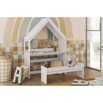 Mesa Cabeceira Infantil Casinha c/ Banco Branco - Peroba