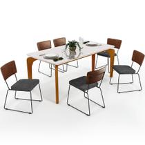 Mesa Capri 160cm Off White E 6 Cadeiras Allana B05 Sintético Marrom Linho Cinza Escuro - Lyam Decor