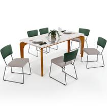 Mesa Capri 160cm Off White Nature E 6 Cadeiras Allana B05 Sintético Verde Musgo Linho Bege - Lyam Decor