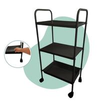 Mesa Carrinho Auxiliar Preta 2 Prateleiras 1 Bandeja Aço Manicure Instrumento Barbearia Hospitalar Clínica Cirúrgica