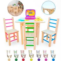 Mesa Com 4 Cadeiras Colorida Infantil De Madeira Maciça Resistente Premium Para Criança