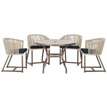 Mesa com 4 Cadeiras de Jantar Roma 100cm e Noronha em Aluminío Marrom Corda Nautica Estofado 12 Trama Original