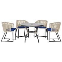 Mesa com 4 Cadeiras de Jantar Roma 100cm e Noronha em Aluminío Preto Corda Nautica Estofado 10 Trama Original