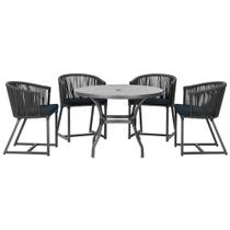 Mesa com 4 Cadeiras de Jantar Roma 100cm e Noronha em Aluminío Preto Corda Nautica Estofado 12 Trama Original