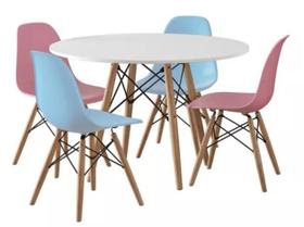 Mesa Com 4 Cadeiras Rosa e Azul Para Criança Eames Redondo Infantil