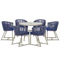 Mesa com 6 Cadeiras de Jantar Roma 120cm e Noronha em Alumínio Fendi Corda Náutica Estofado 10 Trama Original