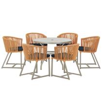 Mesa com 6 Cadeiras de Jantar Roma 120cm e Noronha em Alumínio Fendi Corda Náutica Estofado 12 Trama Original