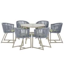 Mesa com 6 Cadeiras de Jantar Roma 120cm e Noronha em Alumínio Fendi Corda Náutica Estofado 5 Trama Original