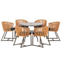 Mesa com 6 Cadeiras de Jantar Roma 120cm e Noronha em Alumínio Marrom Corda Náutica Estofado 12 Trama Original