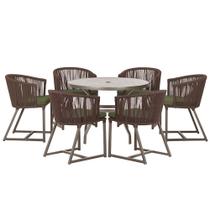 Mesa com 6 Cadeiras de Jantar Roma 120cm e Noronha em Alumínio Marrom Corda Náutica Estofado 13 Trama Original