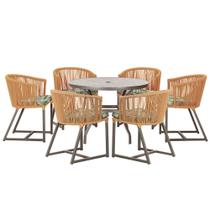 Mesa com 6 Cadeiras de Jantar Roma 120cm e Noronha em Alumínio Marrom Corda Náutica Estofado 5 Trama Original