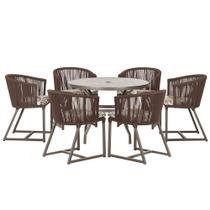 Mesa com 6 Cadeiras de Jantar Roma 120cm e Noronha em Alumínio Marrom Corda Náutica Estofado 6 Trama Original
