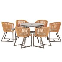 Mesa com 6 Cadeiras de Jantar Roma 120cm e Noronha em Alumínio Marrom Corda Náutica Estofado 6 Trama Original