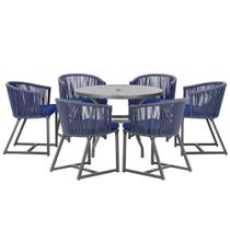 Mesa com 6 Cadeiras de Jantar Roma 120cm e Noronha em Alumínio Preto Corda Náutica Estofado 10 Trama Original