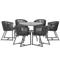 Mesa com 6 Cadeiras de Jantar Roma 120cm e Noronha em Alumínio Preto Corda Náutica Estofado 11 Trama Original