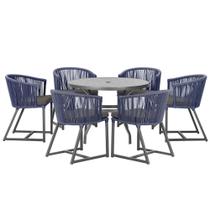 Mesa com 6 Cadeiras de Jantar Roma 120cm e Noronha em Alumínio Preto Corda Náutica Estofado 11 Trama Original