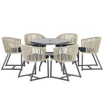 Mesa com 6 Cadeiras de Jantar Roma 120cm e Noronha em Alumínio Preto Corda Náutica Estofado 12 Trama Original