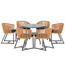 Mesa com 6 Cadeiras de Jantar Roma 120cm e Noronha em Alumínio Preto Corda Náutica Estofado 12 Trama Original