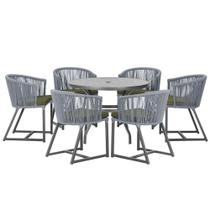 Mesa com 6 Cadeiras de Jantar Roma 120cm e Noronha em Alumínio Preto Corda Náutica Estofado 13 Trama Original