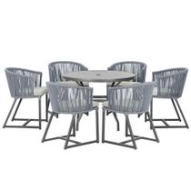 Mesa com 6 Cadeiras de Jantar Roma 120cm e Noronha em Alumínio Preto Corda Náutica Estofado 3 Trama Original