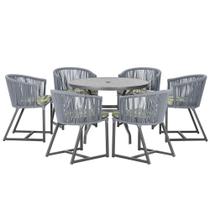 Mesa com 6 Cadeiras de Jantar Roma 120cm e Noronha em Alumínio Preto Corda Náutica Estofado 5 Trama Original