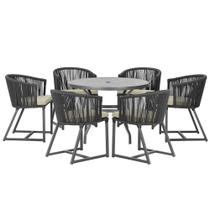 Mesa com 6 Cadeiras de Jantar Roma 120cm e Noronha em Alumínio Preto Corda Náutica Estofado 7 Trama Original