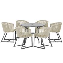 Mesa com 6 Cadeiras de Jantar Roma 120cm e Noronha em Alumínio Preto Corda Náutica Estofado 7 Trama Original