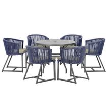 Mesa com 6 Cadeiras de Jantar Roma 120cm e Noronha em Alumínio Preto Corda Náutica Estofado 8 Trama Original