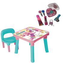 Mesa Com Cadeira Infantil Unicórnio + Bolsa Maquiagem MK11