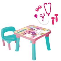 Mesa Com Cadeira Infantil Unicórnio + Kit Doctor Médico