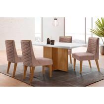 Mesa Cozinha Berlim c/ Tampo Madeirado c/ Vidro Canto Curvo 90x90cm e 4 Cadeiras Dafne Madeira Maciça Naturale/Off White - Capuccino/Linho Capuccino-R