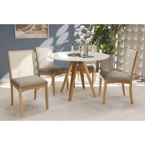 Mesa Cozinha Duna Premium Madeira Maciça c/ Tampo Madeirado c/ Vidro 120x120cm e 4 Cadeiras Lara Carvalho/Off White - Boucle Bege Fendi-Kappesberg