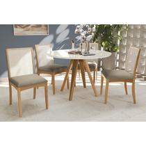 Mesa Cozinha Duna Premium Madeira Maciça c/ Tampo Madeirado c/ Vidro 120x120cm e 4 Cadeiras Lara Carvalho/Off White - Boucle Bege Fendi-Kappesberg
