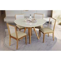 Mesa Cozinha Duna Premium Madeira Maciça c/ Tampo Madeirado c/ Vidro 135x105cm e 4 Cadeiras Lara Carvalho/Off White - Boucle Bege-Kappesberg