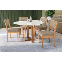Mesa Cozinha Elma Premium Madeira Maciça c/ Tampo Madeirado c/ Vidro 135x105cm e 4 Cadeiras Alice Carvalho/Off White - Boucle Bege Fendi-Kappesberg