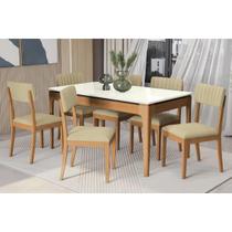 Mesa Cozinha Kappesberg Mira Premium Madeira Maciça c/ Tampo Madeirado c/ Vidro 160x90cm e 6 Cadeiras Telma Carvalho/Off White - Boucle Bege Mesa Cozinha Kappesberg Mira Premium Madeira Maciça c/ Tampo Madeirado c/ Vidro 160x90cm e 6 Cadeiras Telma Carvalho/Off White - Boucle Bege