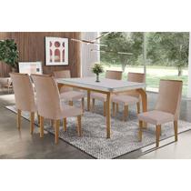 Mesa Cozinha Londrina c/ Tampo Madeirado c/ Vidro Canto Curvo 180x90cm e 6 Cadeiras Dakota Madeira Maciça Naturale/Off White - Capuccino/Linho Capucci Mesa Cozinha Londrina c/ Tampo Madeirado c/ Vidro Canto Curvo 180x90cm e 6 Cadeiras Dakota Madeira Maciça Naturale/Off White - Capuccino/Linho Capucci