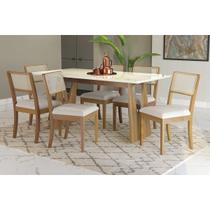 Mesa Cozinha Mila Premium Madeira Maciça c/ Tampo Madeirado c/ Vidro 180x90cm e 6 Cadeiras Lola Carvalho/Off White - Linho Bege Argila-Kappesberg Mesa Cozinha Mila Premium Madeira Maciça c/ Tampo Madeirado c/ Vidro 180x90cm e 6 Cadeiras Lola Carvalho/Off White - Linho Bege Argila-Kappesberg