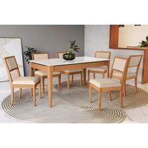 Mesa Cozinha Mira Premium Madeira Maciça c/ Tampo Madeirado c/ Vidro 160x90cm e 6 Cadeiras Alice Carvalho/Off White - Linho Bege Argila-Kappesberg