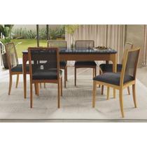 Mesa Cozinha Mira Premium Madeira Maciça c/ Tampo Madeirado c/ Vidro 160x90cm e 6 Cadeiras Lara Carvalho/Preto - Boucle Grafite-Kappesberg