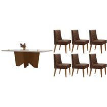 Mesa Cozinha Nevada c/ Tampo Madeirado c/ Vidro Canto Curvo 180x90cm e 6 Cadeiras Dafne Madeira Maciça Naturale/Off White - Capuccino/Suede Marrom-Ruf